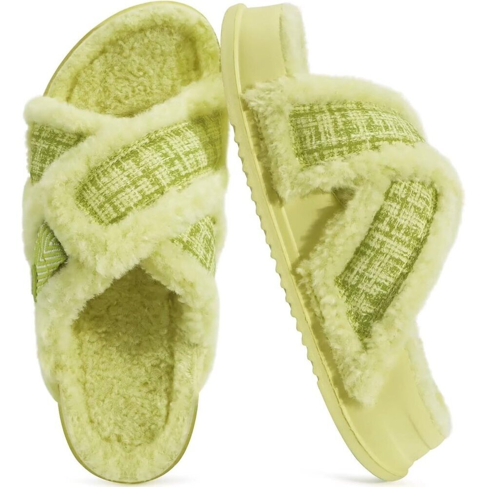 Women's Yellow Fuzzy Furry Faux Fur Cross Band Arch Open Slippers Slides Shoes